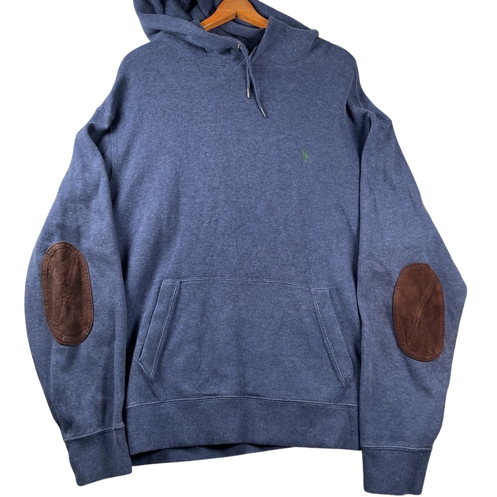 Polo Ralph Lauren Hoodie Mens XXL Blue Suede Elbow Patches Cotton Pullover